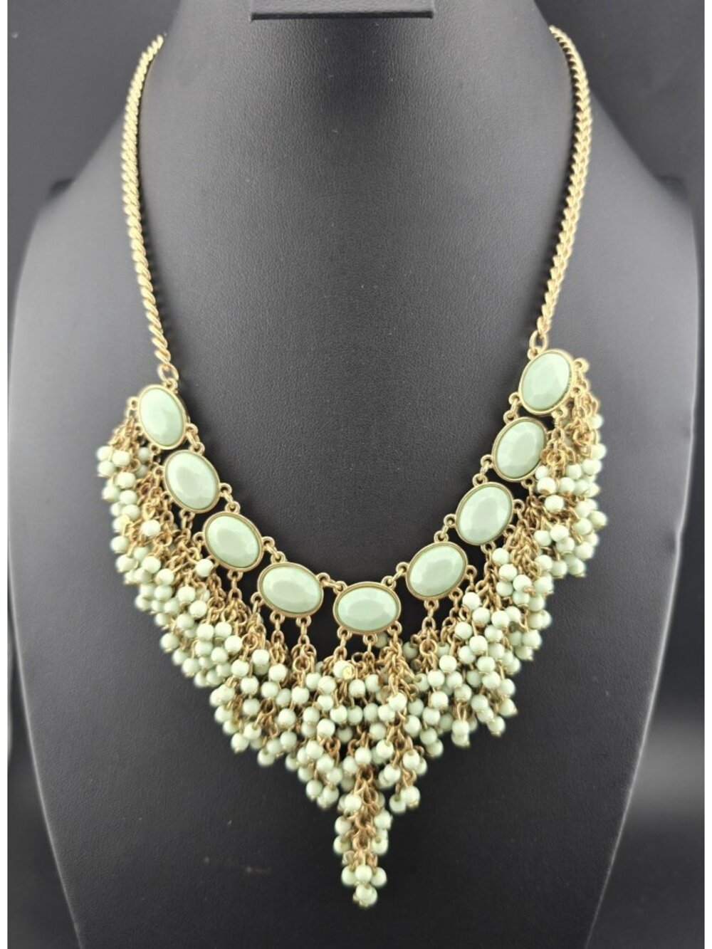 Mint Green Statement Necklace Gold Tone Chain Beaded Fringe Adjustable 21" - Picture 2 of 9